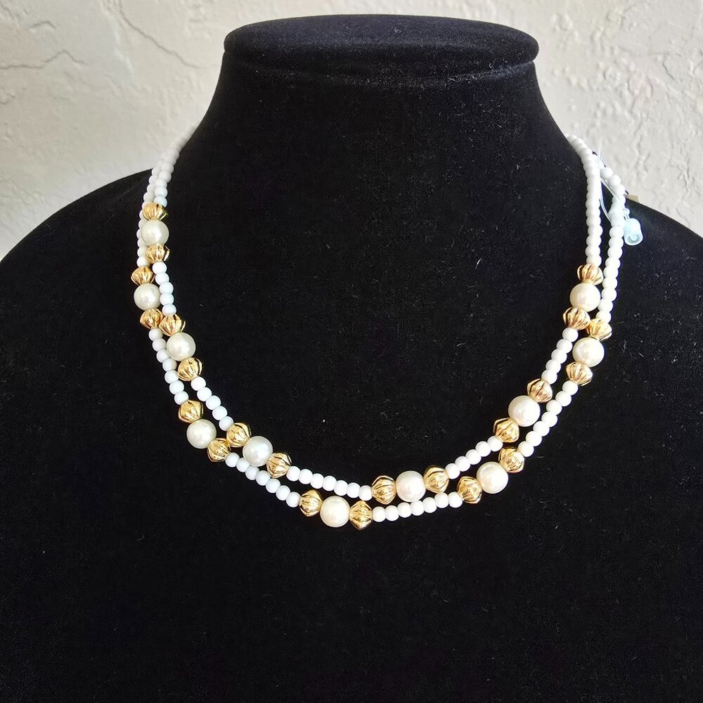 NWT Vintage Faux Pearl, Double Strand Pearl & Gold Bead Necklace Monet 15"- 18"
